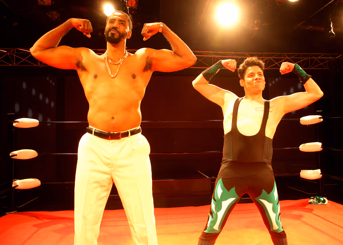 Londale Theus Jr. and Rudy Solis III in Chance Theater's OC premier of "The Elaborate Entrance of Chad Deity." Playing September 23 - October 23, 2022 at Bette Aitken theater arts Center on the Cripe Stage. Written by Kristoffer Diaz, Directed by Jeremy Aluma, Fight Direction by Martin Noyes. Photo by Doug Catiller, True Image Studio
