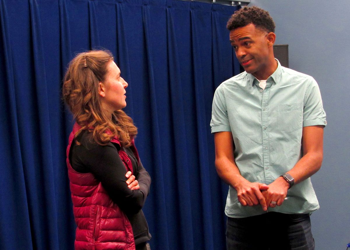 Aubrey Saverino and Seyto James during rehearsal for "Cry It Out" by Molly Smith Metzler. The OC premier of this witty and warm comedy will run at Chance Theater @ Better Aitken theater arts Center for April 1 - May 1, 2022. Aubrey Saverino and Seyto James during rehearsal for "Cry It Out" by Molly Smith Metzler. The OC premier of this witty and warm comedy will run at Chance Theater @ Better Aitken theater arts Center for April 1 - May 1, 2022.