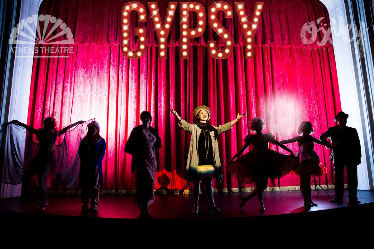 Mama eclipses them all!  Tara Snyder as Rose, Melanie Shulman Veazy as Tessie Tura, Hayley Sanz as Baby Louise, Rachel Whittington as Louise, Sunny Gay as June, Kaitlin Brandt as Baby June, and Eric Hall as Herbie in Athens Theatre's production of "Gypsy".  Photo courtesy of oxleypics.com