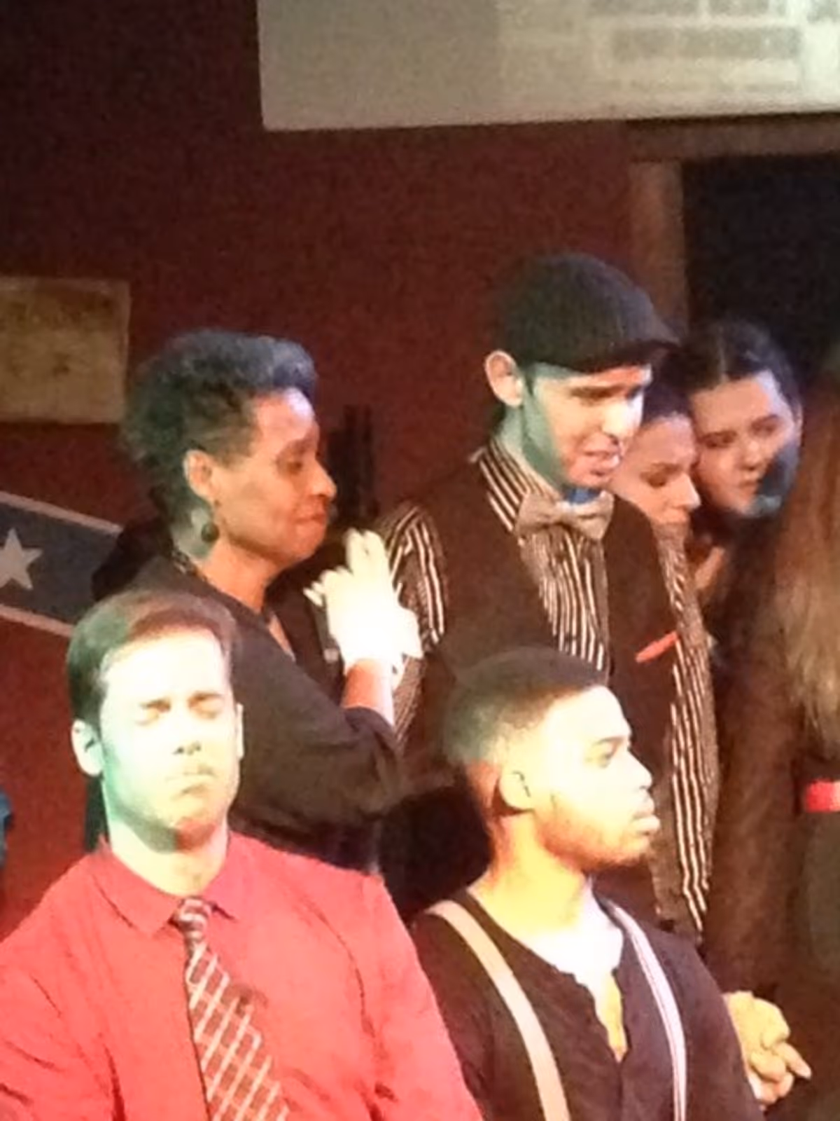 The courtroom scene. Mr.s Phagan's testimony. Clockright from bottom left: Tim White as Hugh Dorsey, Leslie Silverman as Minnie McKnight, George Adamo as Frankie Epps, Rachel Nichols as Essie, Sara Den Bleyker as Monteen, and Jared Howelton as Jim Conley. The courtroom scene. Mr.s Phagan's testimony. Clockright from bottom left: Tim White as Hugh Dorsey, Leslie Silverman as Minnie McKnight, George Adamo as Frankie Epps, Rachel Nichols as Essie, Sara Den Bleyker as Monteen, and Jared Howelton as Jim Conley.