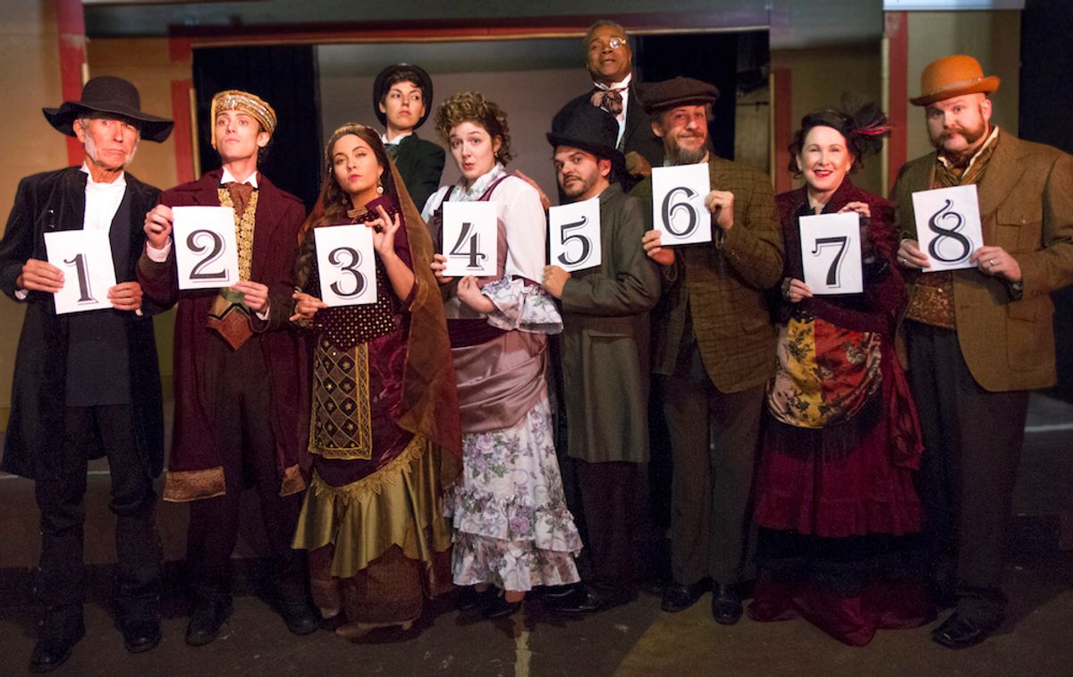 Joined onstage ( in the front row ) by a more than capable selection of suspects, 2019 Broadwayworld Chicago Award Nominees for Best Performer In A Musical or Revue Sarah Myers as Edwin Drood and Miss Alice Nutting ( rear left ) and Darryl Maximilian Robinson as The Chairman Mr. William Cartwright and Mayor Thomas Sapsea ( rear right ) give the audience a lot to ponder in the 2018 Saint Sebastian Players of Chicago Revival of Rupert Holmes' 'The Mystery of Edwin Drood'. Photo by Eryn Walanka. Joined onstage ( in the front row ) by a more than capable selection of suspects, 2019 Broadwayworld Chicago Award Nominees for Best Performer In A Musical or Revue Sarah Myers as Edwin Drood and Miss Alice Nutting ( rear left ) and Darryl Maximilian Robinson as The Chairman Mr. William Cartwright and Mayor Thomas Sapsea ( rear right ) give the audience a lot to ponder in the 2018 Saint Sebastian Players of Chicago Revival of Rupert Holmes' 'The Mystery of Edwin Drood'. Photo by Eryn Walanka.
