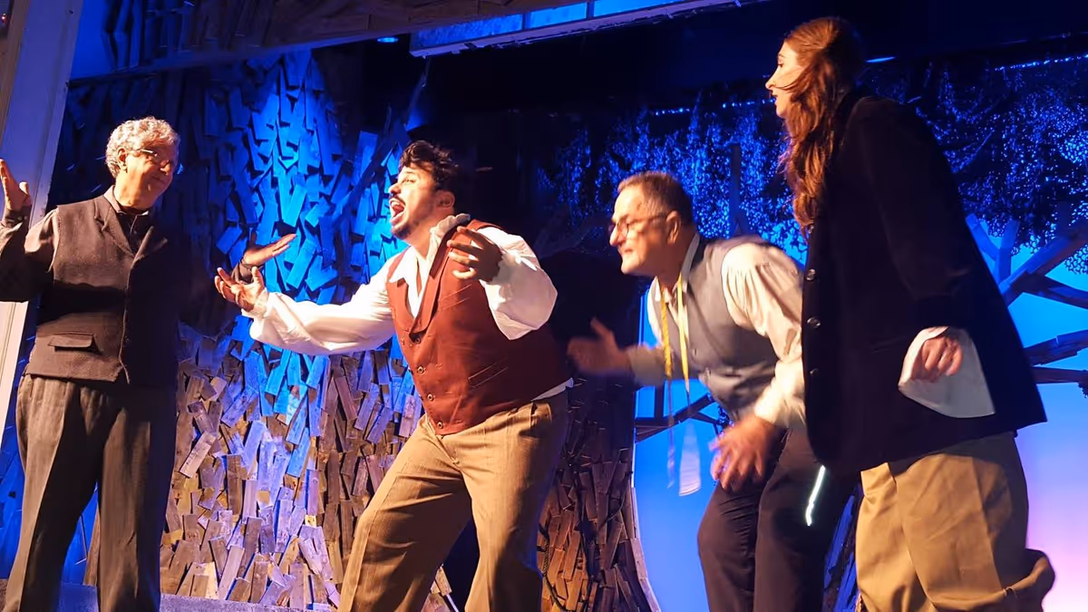 The hilarious Mechanicals (Steve Barlow as Quince, Kelvin Ortega as Bottom, Mike Caggiano as Snout, Lindsay Abbot as Snug, and Rocco Likalov as Starveling) prepare their play-within-a-play, "Pyramus and Thisbe" for "great Theseus' nuptial day" in "A Midsummer Night's Dream" at Spring Lake Theatre Company! The hilarious Mechanicals (Steve Barlow as Quince, Kelvin Ortega as Bottom, Mike Caggiano as Snout, Lindsay Abbot as Snug, and Rocco Likalov as Starveling) prepare their play-within-a-play, "Pyramus and Thisbe" for "great Theseus' nuptial day" in "A Midsummer Night's Dream" at Spring Lake Theatre Company!
