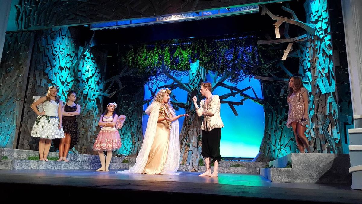 Elizabeth O Brien and Chris Lorenc square off as fairy queen and king, Titania and Oberon, as the fairies (Gina Teschke, Rebecca Madiera, Claudia Noto) and Puck (Mikayla Petrilla) lend their support to their leaders in this iconic scene from "A Midsummer Night's Dream" at Spring Lake Theatre Company! Elizabeth O Brien and Chris Lorenc square off as fairy queen and king, Titania and Oberon, as the fairies (Gina Teschke, Rebecca Madiera, Claudia Noto) and Puck (Mikayla Petrilla) lend their support to their leaders in this iconic scene from "A Midsummer Night's Dream" at Spring Lake Theatre Company!
