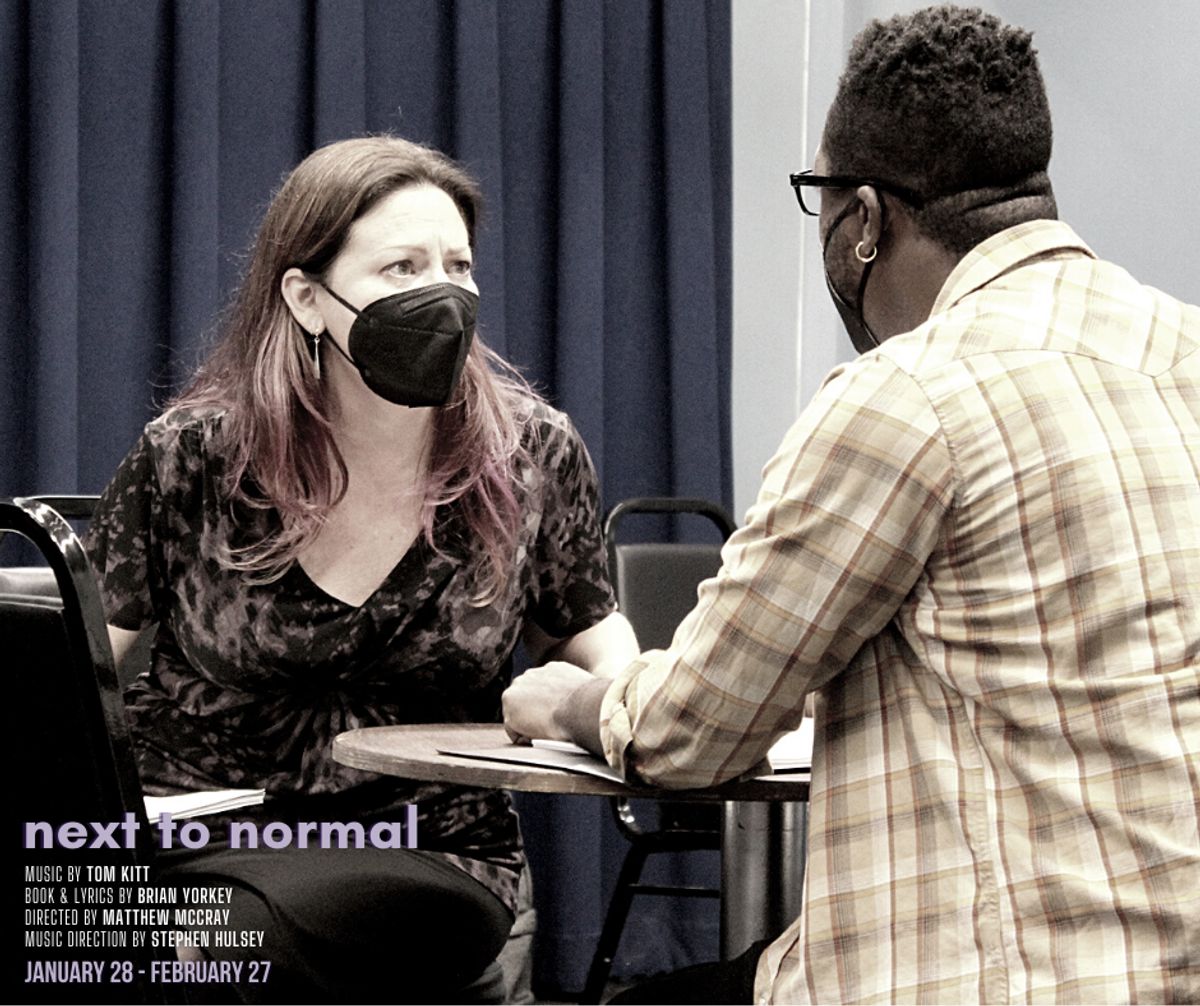 Tym Brown and Jocelyn A. Brown in rehearsal for the Pulitzer prize-winning musical, "Next to Normal," which will be running January 28 - February 27, 2022 at Chance Theater in Anaheim, CA. Music by Tom Kitt; Book & Lyrics by Brian Yorkey; Directed by Matt McCray; Music Direction by Stephen Hulsey. Photos by Camryn and Casey Long. 