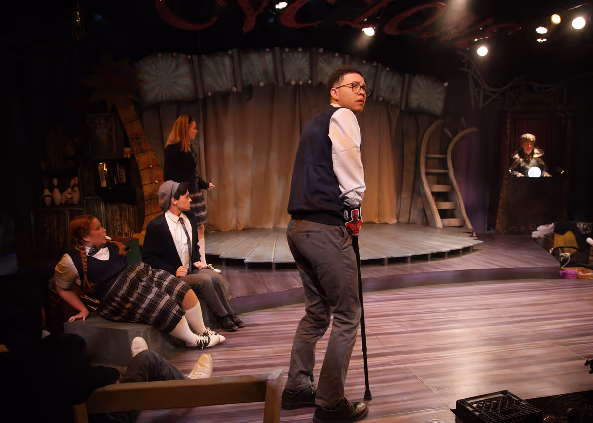 Rose Pell as Constance Blackwood, Wyatt Hatfield as Noel Gruber, Haley Wolff as Ocean O'Connell Rosenberg, Jaylen Baham as Ricky Potts, and Robert Foran as The Amazing Karnak in Chance Theater's California premiere production of "Ride the Cyclone." Playing January 27 - February 26, 2023 at Bette Aitken theater arts Center on the Cripe Stage. Music, Book, and Lyrics by Jacob Richmond & Brooke Maxwell; Directed by Jocelyn A. Brown; Music Direction by Lex Leigh; Choreographed by Miguel Cardenas. Photo by Doug Catiller, True Image studio Rose Pell as Constance Blackwood, Wyatt Hatfield as Noel Gruber, Haley Wolff as Ocean O'Connell Rosenberg, Jaylen Baham as Ricky Potts, and Robert Foran as The Amazing Karnak in Chance Theater's California premiere production of "Ride the Cyclone." Playing January 27 - February 26, 2023 at Bette Aitken theater arts Center on the Cripe Stage. Music, Book, and Lyrics by Jacob Richmond & Brooke Maxwell; Directed by Jocelyn A. Brown; Music Direction by Lex Leigh; Choreographed by Miguel Cardenas. Photo by Doug Catiller, True Image studio
