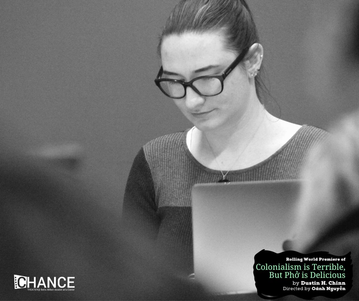 Stage Manager Jordan Jones at the first read-thru for the rolling world premiere of "Colinialism is Terrible, But Phở is Delicious" at Chance Theater. Photo by Casey Long.