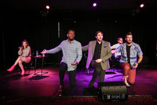 From left:  Emily Sanders as Beth, Kerrington Shorter as Steve, Ethan Mathias as Danny Sharp, Josh Brown as Brad, and Ryan Powell as Todd in the 2019 IndyFringe Festival Production of Make Me A Match.   4