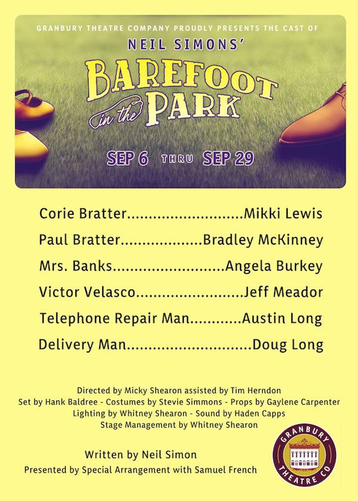 Granbury Theatre Company proudly presents the cast of Neil Simon's "Barefoot in the Park" on stage at the historic Granbury Opera House on September 6-29, 2019.