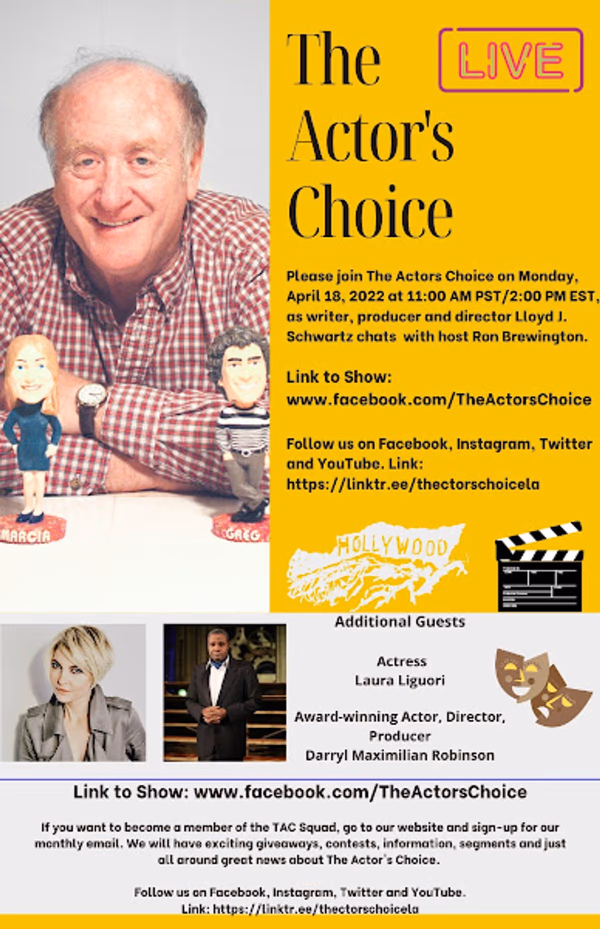 A FOUR-TIME SHOW CLOSER!: For each of his quartet of appearances on "The Actor's Choice," Episode 2.37, Episode 5.52, Episode 7.18 and Episode 8.16 ( which as displayed on this show card featured talented fellow artists and guests Lloyd J.
Schwartz and Laura Liguori  ), veteran stage actor and play director Darryl Maximilian Robinson has always been the program's closing segment Guest Actor. Mr. Robinson has no problem being, and enjoying being, Mr. Brewington's closing guest.