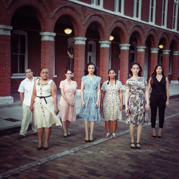 The full cast of Stageworks’ upcoming bilingual production of
In the Time of the Butterflies/En el Tiempo de las Mariposas on stage from April 13th to the 29th.
From left Cornelio “Coky” Aguilera who plays all the male characters; Blue Feliú as “Old” Dedé,Lauren Valiente as Patria, Marlene Peralta as Minerva, Jessy Quñones as Mate,Isabel Natera as “Young” Dedé and Clare López as the American woman. (Photo by CineView Studios for Stageworks) 1