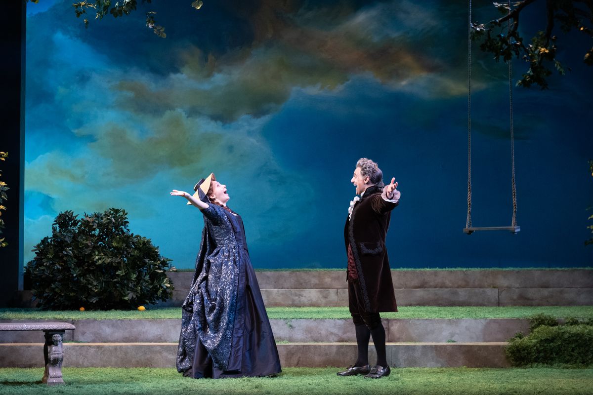 Marianna Bassham and Nael Nacer in The Triumph of Love in The Huntington?s production of Marivaux?s The Triumph of Love, translated by Stephen Wadsworth, directed by Loretta Greco; photo Liza Voll. Ru Marianna Bassham and Nael Nacer in The Triumph of Love in The Huntington?s production of Marivaux?s The Triumph of Love, translated by Stephen Wadsworth, directed by Loretta Greco; photo Liza Voll. Ru