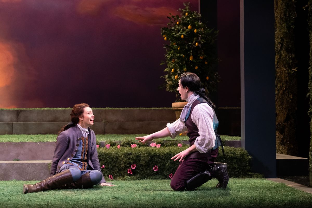 Allison Altman and Rob B. Kellogg in The Triumph of Love in The Huntington?s production of Marivaux?s The Triumph of Love, translated by Stephen Wadsworth, directed by Loretta Greco; photo Liza Voll. Allison Altman and Rob B. Kellogg in The Triumph of Love in The Huntington?s production of Marivaux?s The Triumph of Love, translated by Stephen Wadsworth, directed by Loretta Greco; photo Liza Voll.