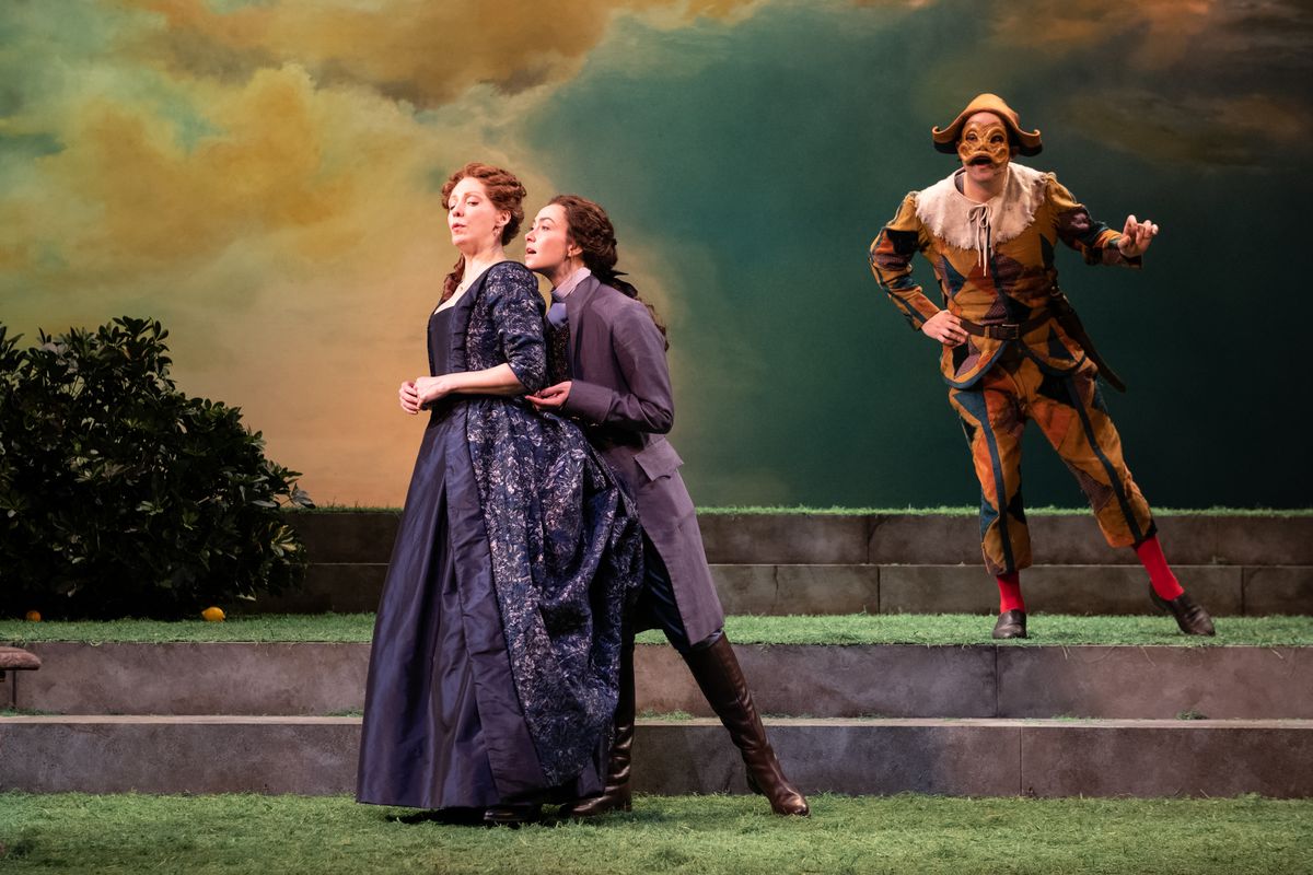 Marianna Bassham, Allison Altman, and Vincent Randazzo in The Triumph of Love in The Huntington?s production of Marivaux?s The Triumph of Love, translated by Stephen Wadsworth, directed by Loretta Gre Marianna Bassham, Allison Altman, and Vincent Randazzo in The Triumph of Love in The Huntington?s production of Marivaux?s The Triumph of Love, translated by Stephen Wadsworth, directed by Loretta Gre