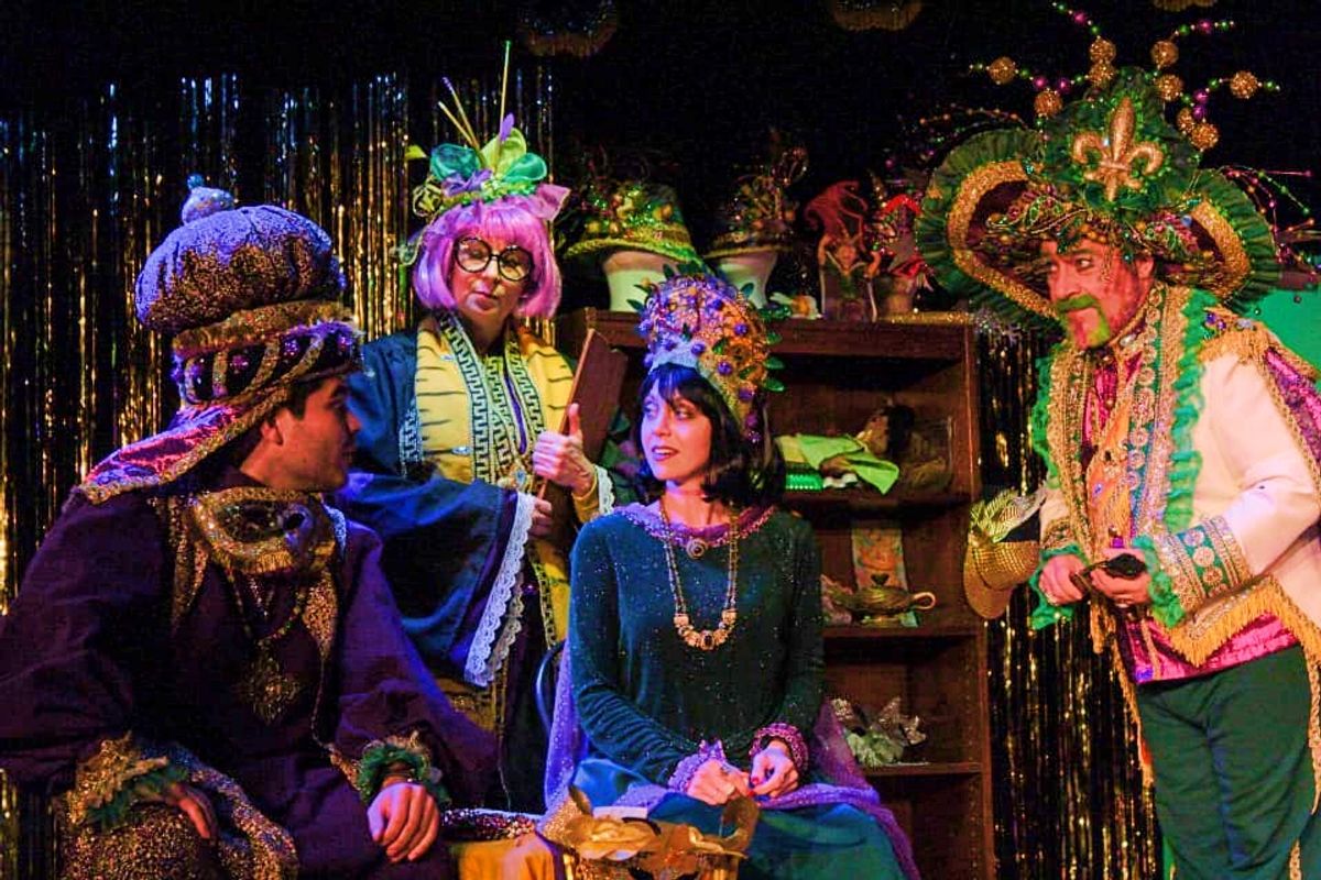Grand Marshal Marty Graw and Professor Liuzza notice a change of attitude with the two rowdy students after the Carnival Bal Masque Couture sequence in the 2020 NORD Theater production.