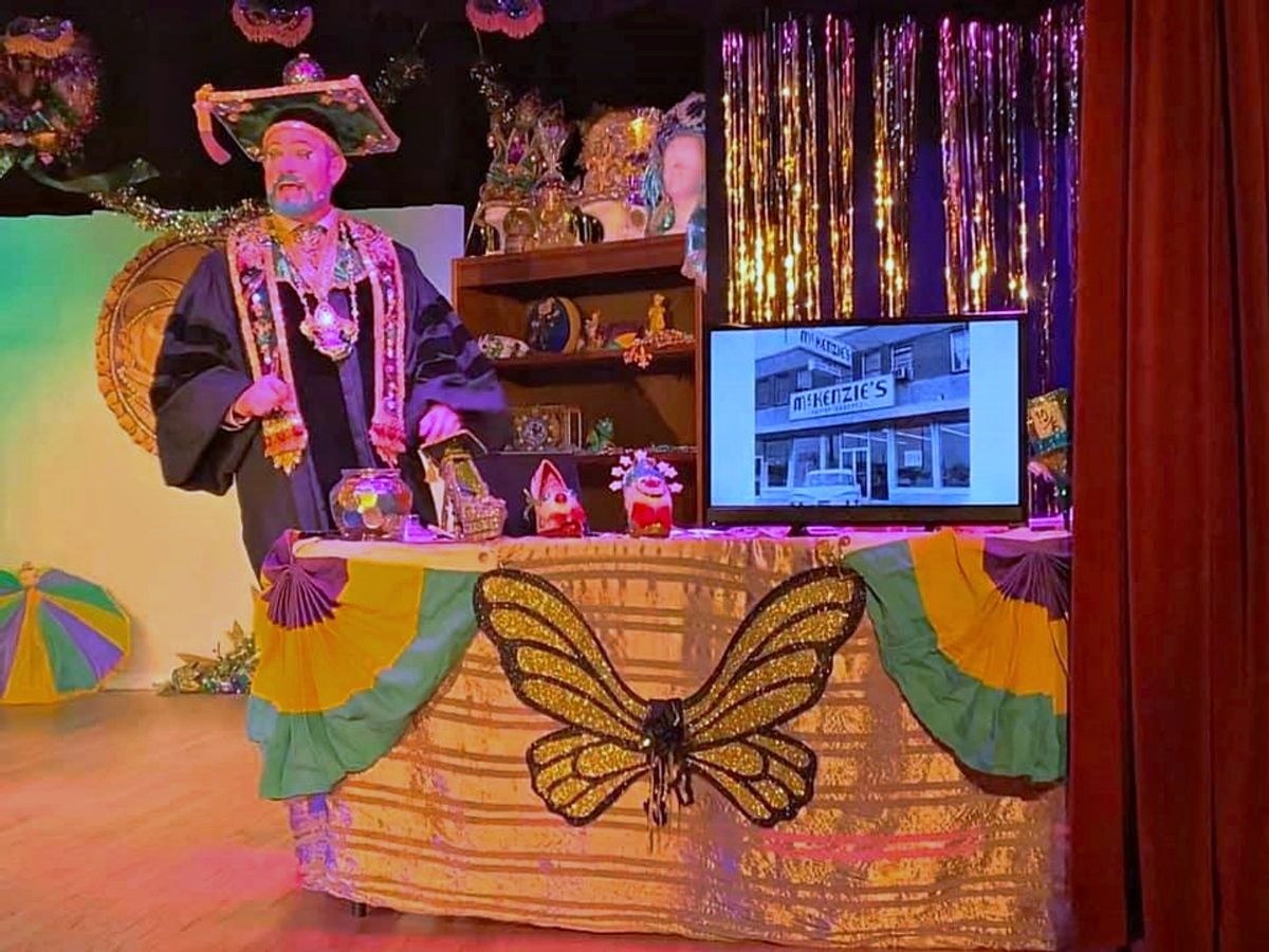  Professor Carl Nivale treats the audience to a slide show remembrance of historic Carnival locations in the 2020 NORD Theater production.