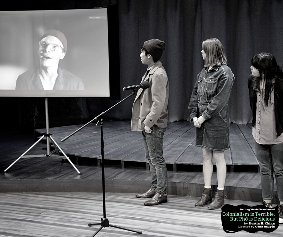 Cast members Sam Bullington (calling in on Zoom), Dustin Vuong Nguyen, Chlor Gay Brewer, and Hannah Mariah at the Design Preview Party for rolling world premiere of "Colonialism is Terrible But Phở is Delicious" at Chance Theater. Photo by Daniel Meyers.