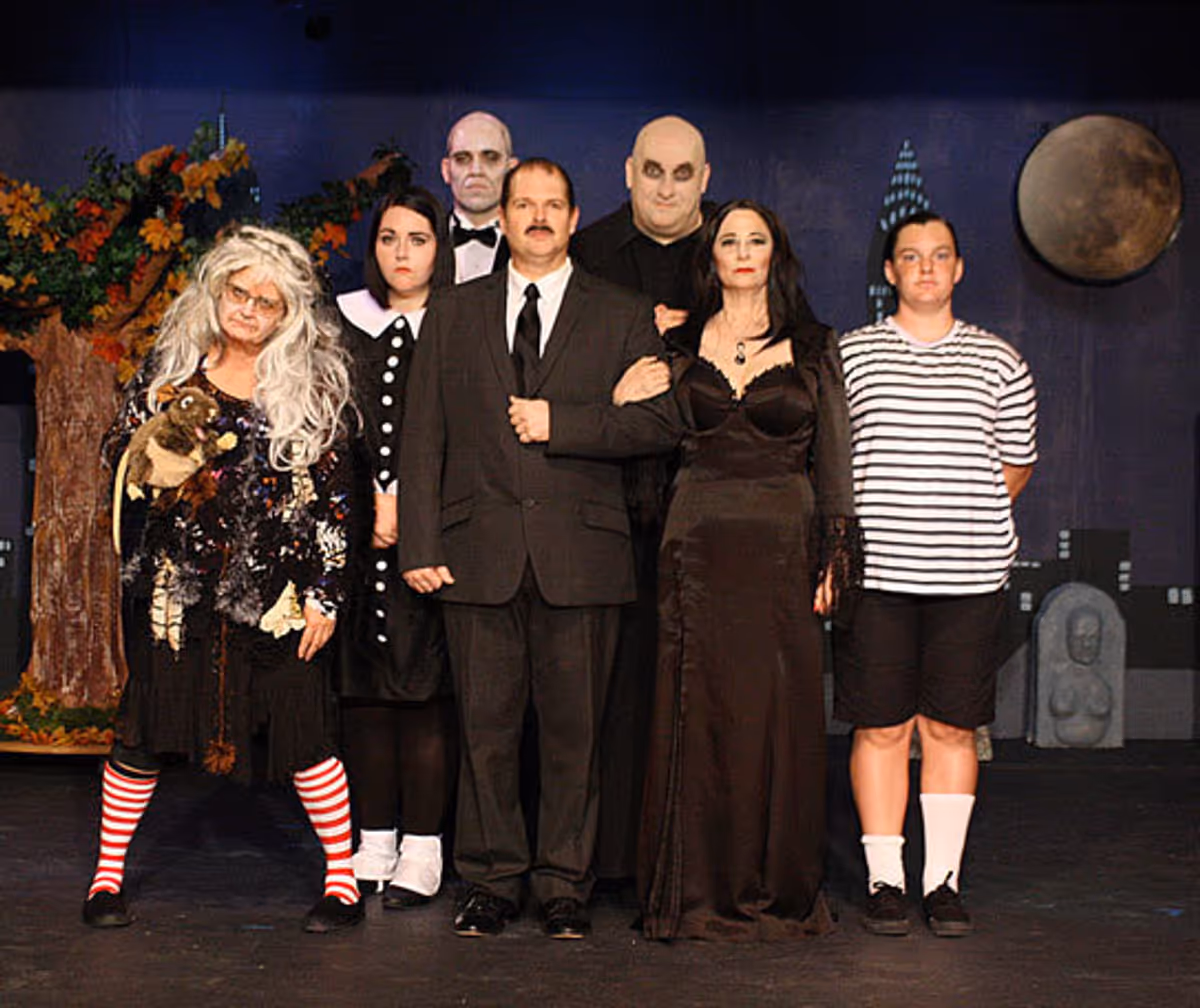"THE ADDAMS FAMILY" at Theatre 29!  Grandma (Cindy Daigneault), Wednesday (Jasmine Shaffer),Lurch (Edward Pierce), Gomez (Leonard Weber), Fester (Charles Harvey), Morticia (Virginia Sulick) and Pugsley (Amanda Mohn)