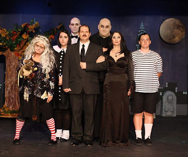 "THE ADDAMS FAMILY" at Theatre 29!  Grandma (Cindy Daigneault), Wednesday (Jasmine Shaffer),Lurch (Edward Pierce), Gomez (Leonard Weber), Fester (Charles Harvey), Morticia (Virginia Sulick) and Pugsley (Amanda Mohn) 1