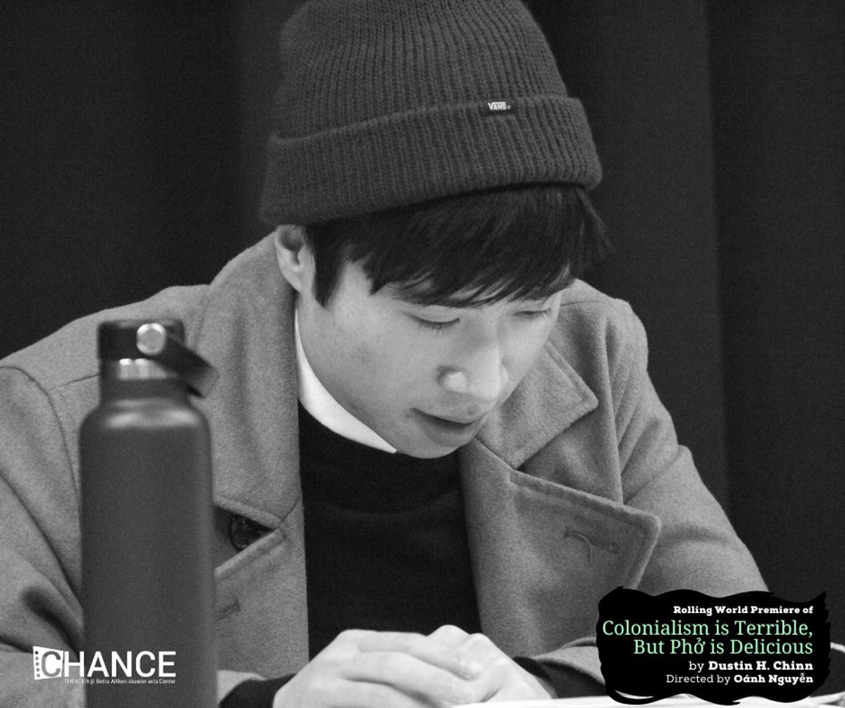 Dustin Vuong Nguyen at the first read-thru for the rolling world premiere of "Colinialism is Terrible, But Phở is Delicious" at Chance Theater. Photo by Casey Long.