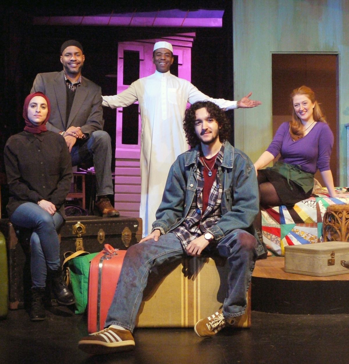 The Cast of ‘Pilgrims Musa & Sheri in the New World.‘ Back Row: Ithamar Francois, Ian Eaton, Laura King-Otazo. Front Row: Aline Salloum, Ahmad Maher. The Cast of ‘Pilgrims Musa & Sheri in the New World.‘ Back Row: Ithamar Francois, Ian Eaton, Laura King-Otazo. Front Row: Aline Salloum, Ahmad Maher.