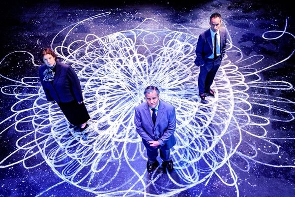 (From left):  Margrethe Bohr (Ami Sallee), Niels Bohr (Ned Averill-Snell), and Werner Heisenberg (Christopher Marshall) in Michael Frayn's thought-provoking play, Copenhagen.  (Photo by K.L. Gold, LLC.) 1