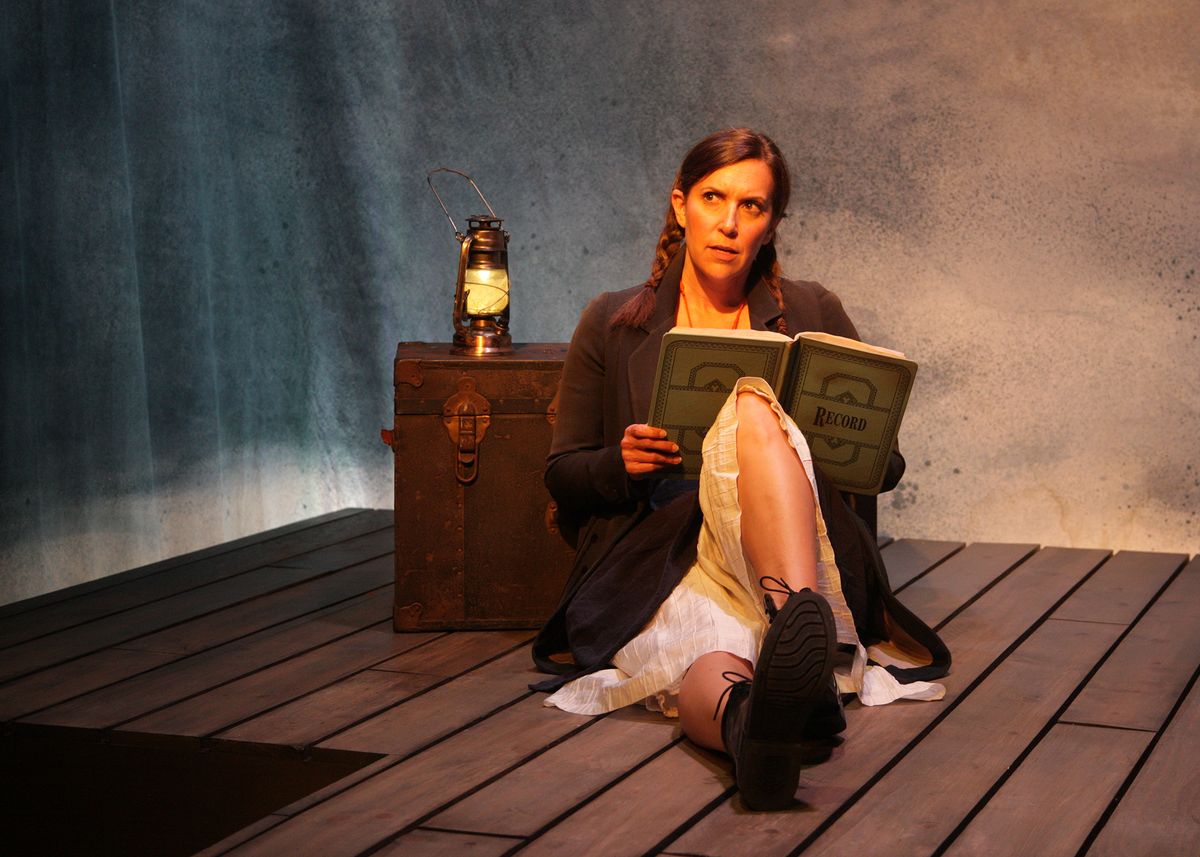 Aubrey Saverino as Abigail Burgess in the world premiere of "Matinicus: The Story of Abigail Burgess" playing May 5 - June 4, 2023 at Bette Aitken theater arts Center on the Fyda-Mar stage at Chance Theater. Written by Jenny Connell Davis; Directed by Katie Chidester. Photo by Doug Catiller.