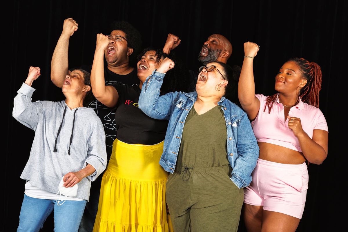Director Pascale Florestal and the cast of The Colored Museum, running at The Umbrella Arts Center May 20 - June 5, 2022, photographed by Gillian Mariner Gordon. Show features Kai Clifton, Yasmeen Duncan, Florestal, BW Gonzalez*, Lorraine Victoria Kanyike and Damon Singletary*

