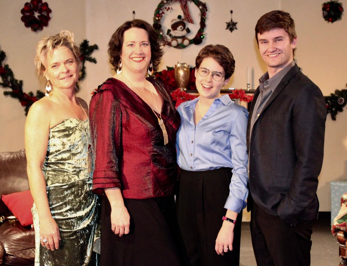 Production photos of The Crater Sisters' Christmas Special, starring Lori Boyd, Claire Derriennic, Rebecca A. Herron, and James Morogiello.