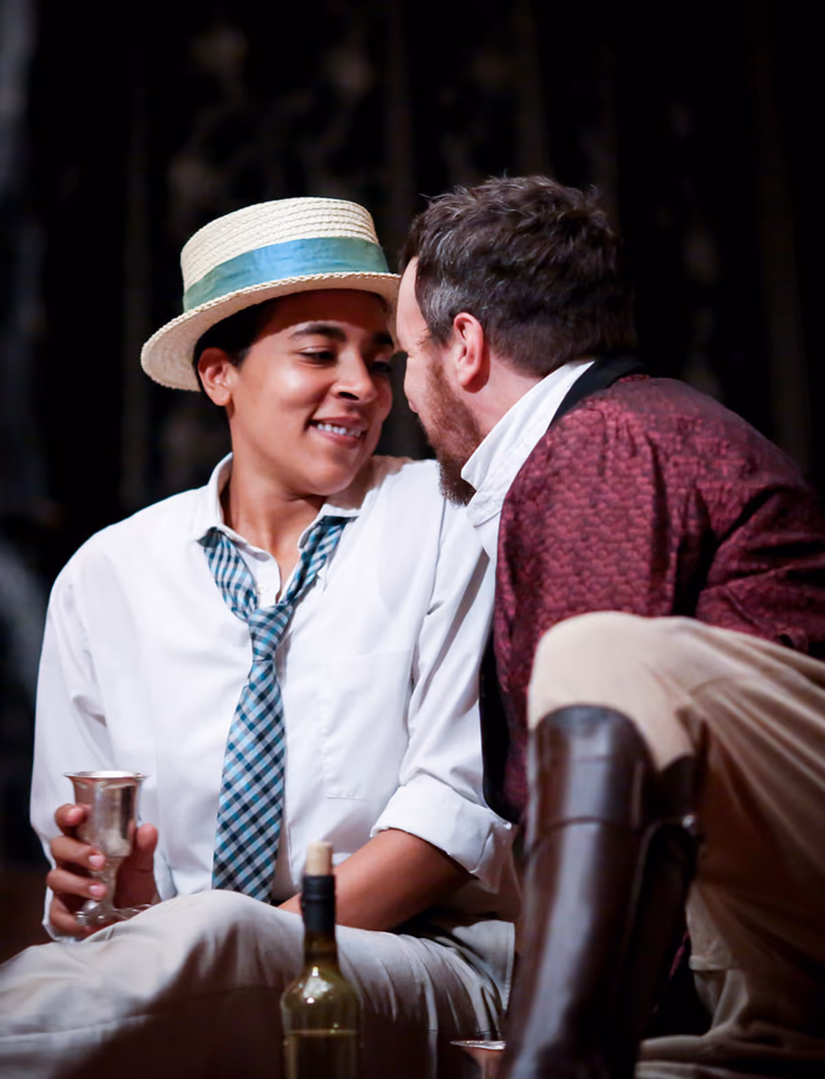 Viola (Jessika Williams) and Orsino (John Harrell) bond over music. Viola (Jessika Williams) and Orsino (John Harrell) bond over music.