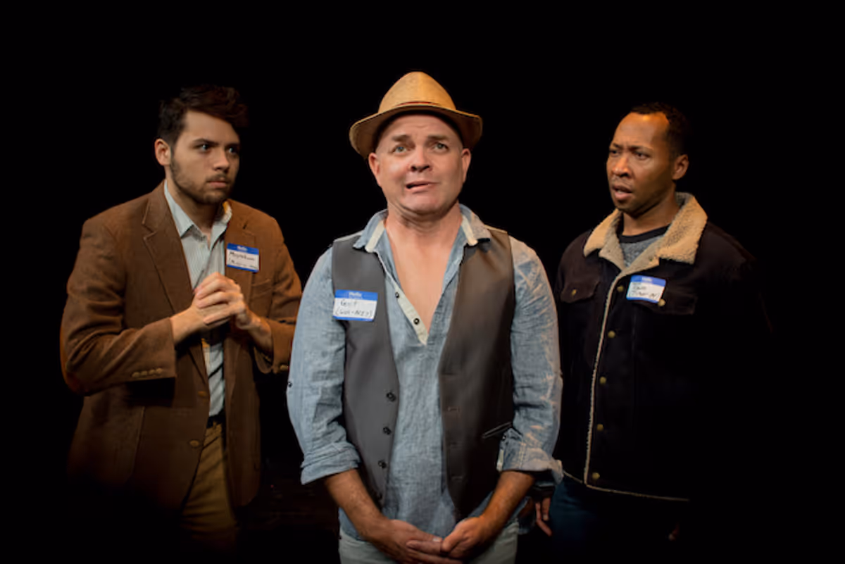Moynihan (Nick Hoop), Gnit (Jon VanMiddlesworth), and Town (TR Butler) in a scene from TampaRep's production of Gnit. (Photo by Megan Lamasney.)