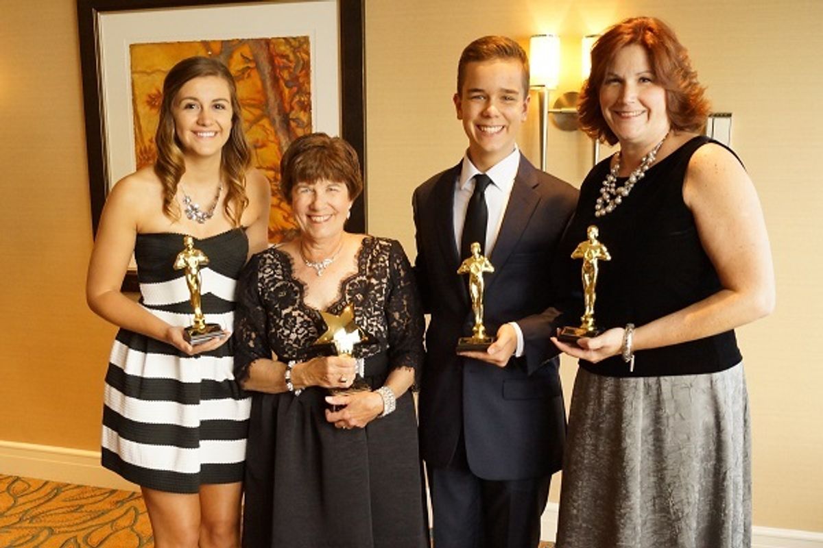 Carolyn B. Newman, 2015 NJACT Hall of Fame inductee, is flanked by this year's Outstanding Actor
nominees from ShowKids Invitational Theatre(SKIT). From left to right: Megan Lako, Jonah Lione and Pam Dean. Carolyn B. Newman, 2015 NJACT Hall of Fame inductee, is flanked by this year's Outstanding Actor
nominees from ShowKids Invitational Theatre(SKIT). From left to right: Megan Lako, Jonah Lione and Pam Dean.