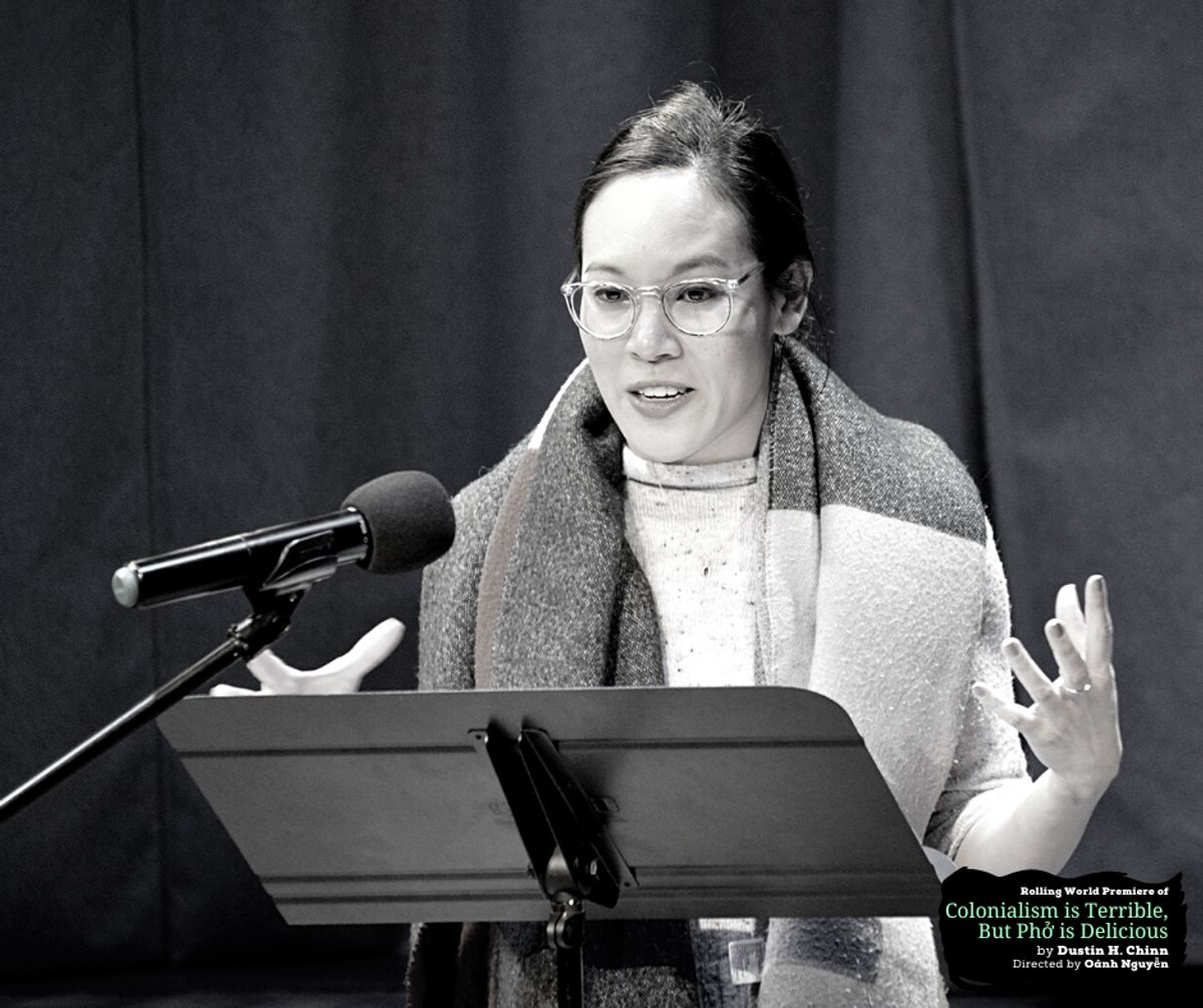 Dramaturg Natalia Duong at the Design Preview Party for rolling world premiere of "Colonialism is Terrible But Phở is Delicious" at Chance Theater. Photo by Daniel Meyers.