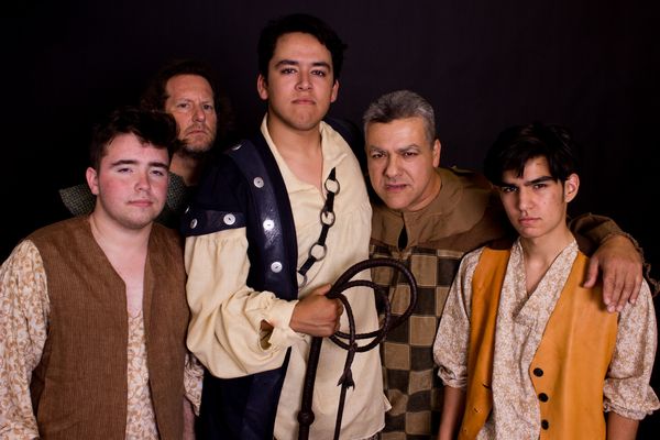 From left to right: Justice Krugman (Barber; Muleteer), Kevin Coren (Muleteer), Emilio Lopez (Pedro; Captain of the Inquisition), Jesse Rodriguez (Padre; Muleteer; Guitar Player) and Josh Velazquez (Anselmo; Muleteer) in the Ghostlight Theatre Ensemble production of "Man of La Mancha," opening July 13, 2018 at the Theatre at Edna Hill in Brentwood, CA, running through July 22, 2018. Tickets are available at www.ghostlightte.org.  13