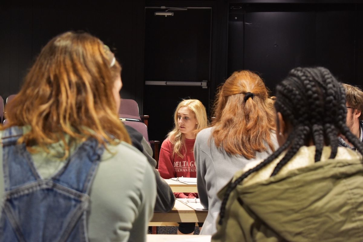 This is a rehearsal photo featuring Anne Tyler Morgan as Raelynn