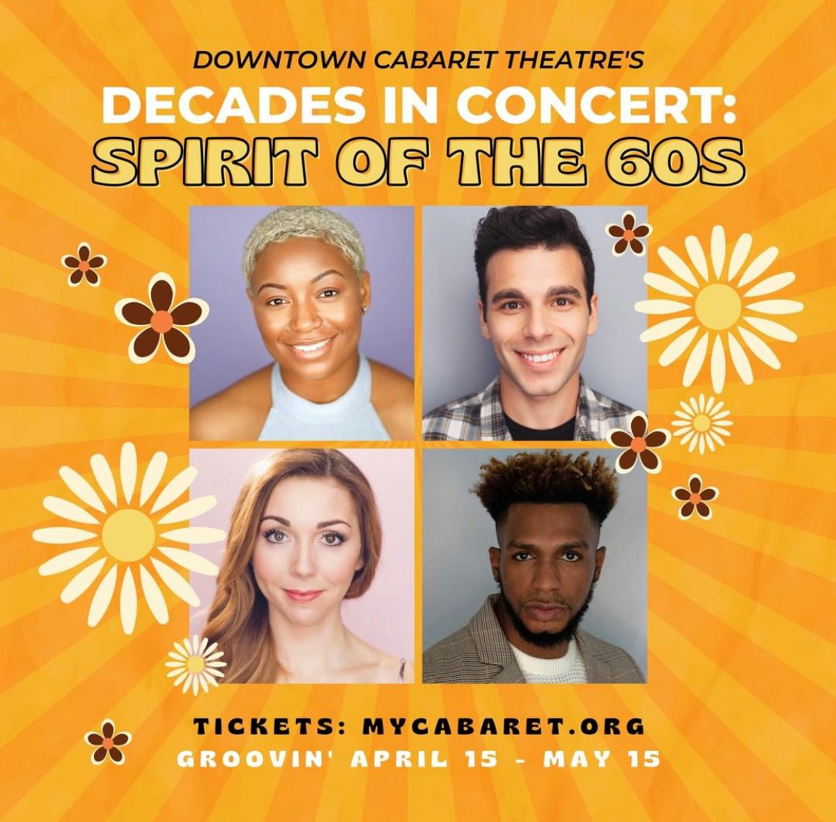 The cast of Decades in Concert: Spirit of the 60s: 
Saige Bryan (Singer/Songwriter Saige Notelle, WC Knicks Singer @thesaigenoelle) Robert Peterpaul (CBS’ Bull, Newsies, The Art of Kindness Podcast @robpeterpaul), Mikayla Petrilla (SNL, Inventing Anna, The McKittrick Hotel/Sleep No More @mikaylapetrilla), and Everton Ricketts (SNL, Polar Express: Warner Bros @egricketts) 