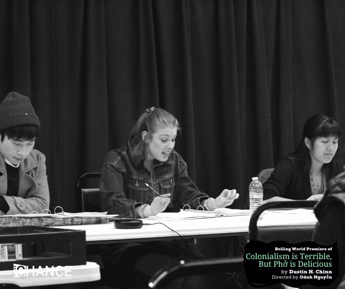 Dustin Vuong Nguyen, Chlow Gay Brewer, and Hannah Mariah at the first read-thru for the rolling world premiere of "Colinialism is Terrible, But Phở is Delicious" at Chance Theater. Photo by Casey Long.