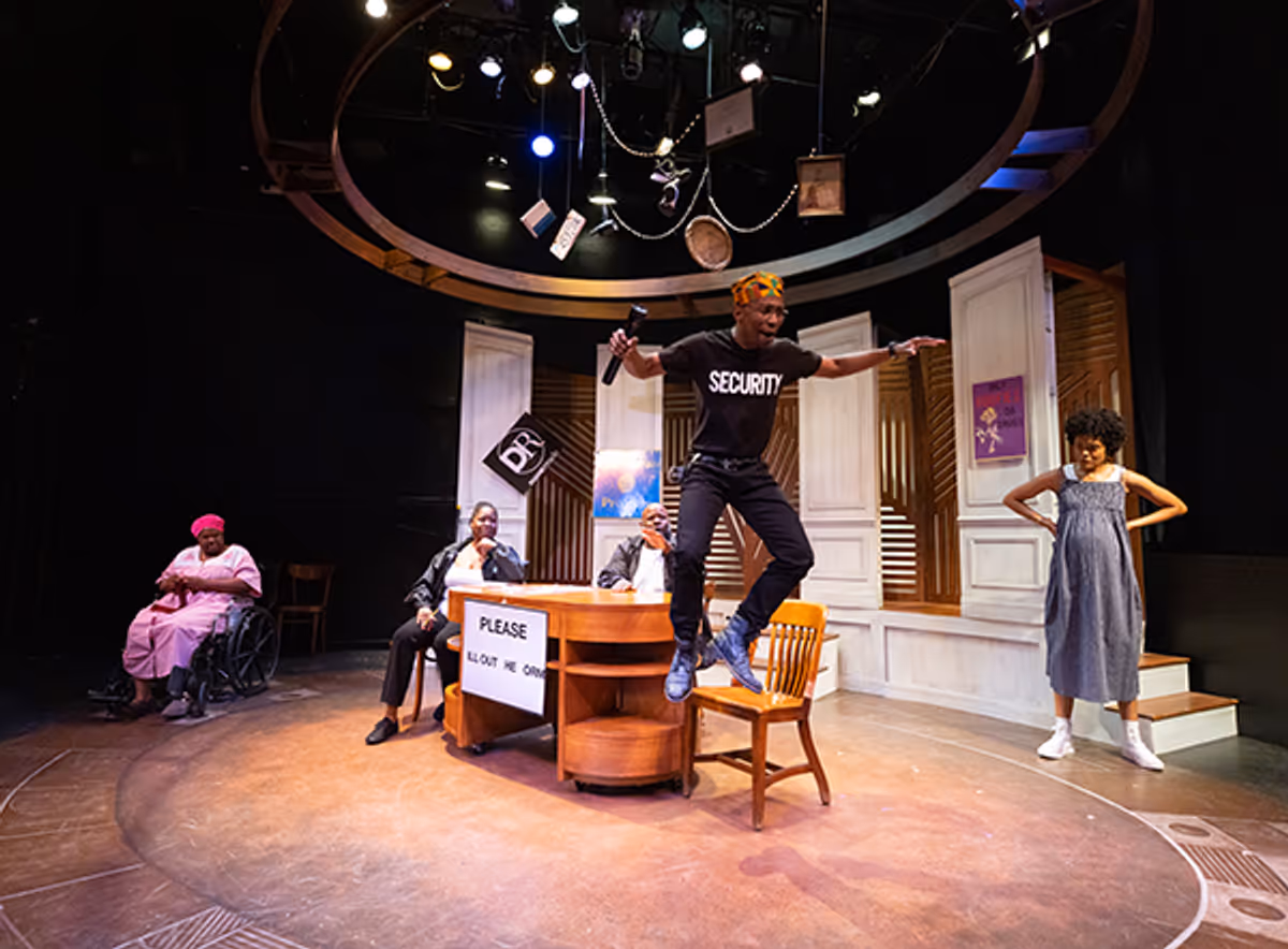 Tanesha M. Ford, Ebony Pullum, Kash Goins, Marchael Giles, and Angela Bey in Lantern Theater Company's production of FABULATION, OR THE RE-EDUCATION OF UNDINE by Lynn Nottage. Photo by Mark Garvin.