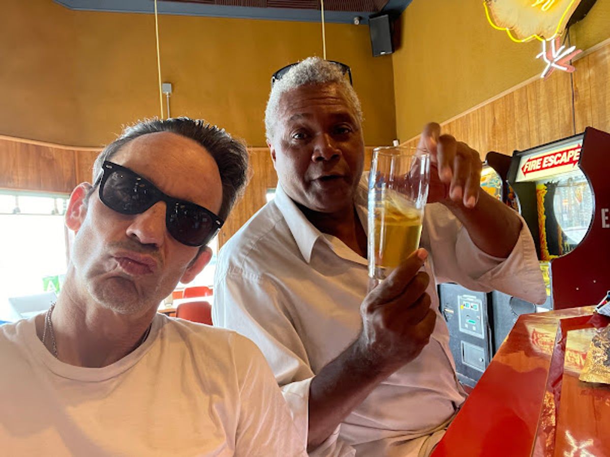 Post-Production Wrap Gathering At Walt's In Eagle Rock: Excaliber Shakespeare Company Los Angeles Archival Project Founder Darryl Maximilian Robinson and longtime ESC Member Danny Belrose reunited on August 1, 2022 to celebrate the completion of the new video of Poe's 'The Conqueror Worm' at the popular Walt's Pinball Club of Eagle Rock, CA. Photo by Danny Belrose. Post-Production Wrap Gathering At Walt's In Eagle Rock: Excaliber Shakespeare Company Los Angeles Archival Project Founder Darryl Maximilian Robinson and longtime ESC Member Danny Belrose reunited on August 1, 2022 to celebrate the completion of the new video of Poe's 'The Conqueror Worm' at the popular Walt's Pinball Club of Eagle Rock, CA. Photo by Danny Belrose.