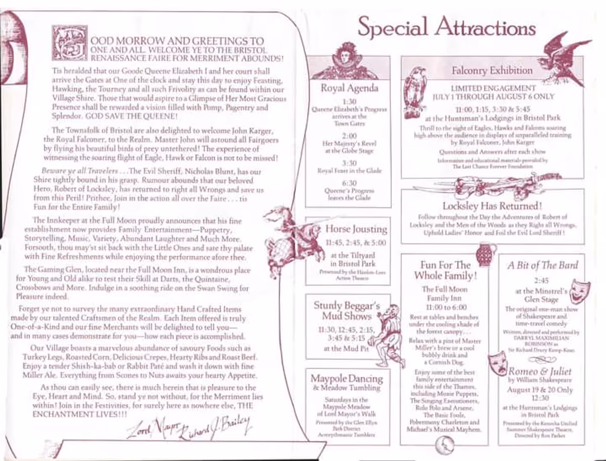 SPECIAL ATTRACTIONS LISTING: The Place, The Time and The Actor Darryl Maximilian Robinson as His Most Revered Lordship, Sir Richard Drury Kemp-Kean in "A Bit of the Bard" at the 1989 Bristol Renaissance Faire of Kenosha, Wisconsin.