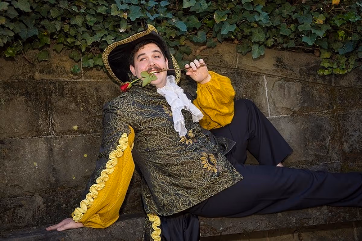 Braedyn Youngberg (pictured) portrays the comical Don Armado in Marin Shakespeare Company's outdoor production of "Love's Labour's Lost." British Shakespeare scholar Rob Clare directs Shakespeare’s masterpiece of wordplay telling the story of four young couples who may or may not find love amidst broken vows, disguises and comic confusion. Presented Sept. 1 to Sept. 24, with opening night on Saturday, Sept. 2. 
Photo by Steven Underwood