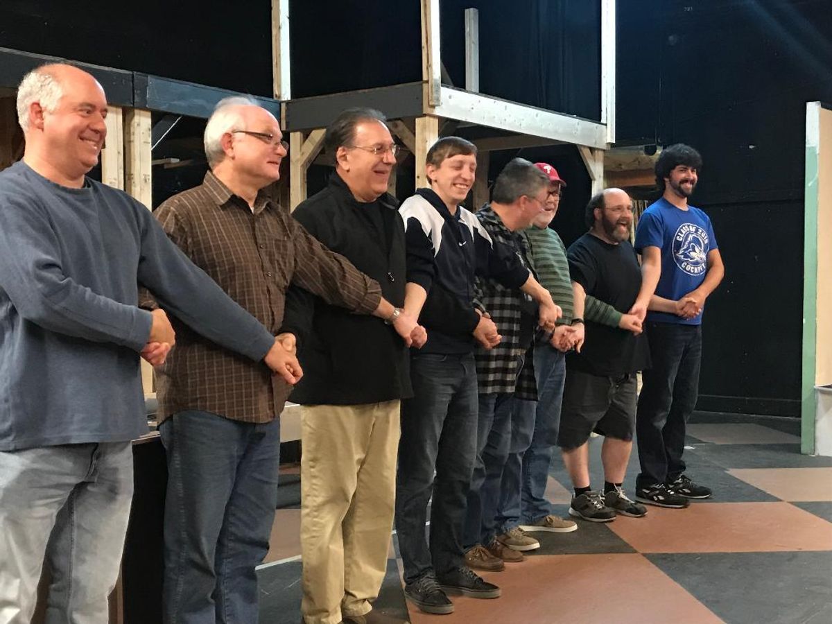 Photo Caption: The ?Executives? of Possum Point Players? HOW TO SUCCEED? rehearse ?The Company Way? musical number from the show.