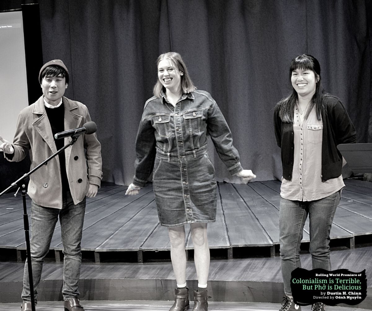 Dustin Vuong Nguyen, Chloe Gay Brewer, and Hannah Mariah at the Design Preview Party for rolling world premiere of "Colonialism is Terrible But Phở is Delicious" at Chance Theater. Photo by Daniel Meyers.