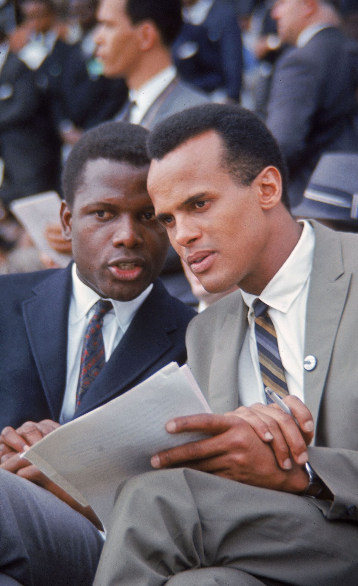 BEST FRIENDS IN THE FIGHT FOR CIVIL AND HUMAN RIGHTS AND BEST FRIENDS IN THE ARTS FOR LIFE: Seen here seated are two screen legends who helped bring the Royalty of Hollywood to The Reverend Dr. Martin Luther King's historic 1963 March On Washington where they witnessed King's "I Have A Dream Speech" live, Sir Sidney Poitier and Harry Belafonte. Neither The Royalty of Hollywood nor the tens of thousands who were on the the Washington Mall that day were disappointed.
