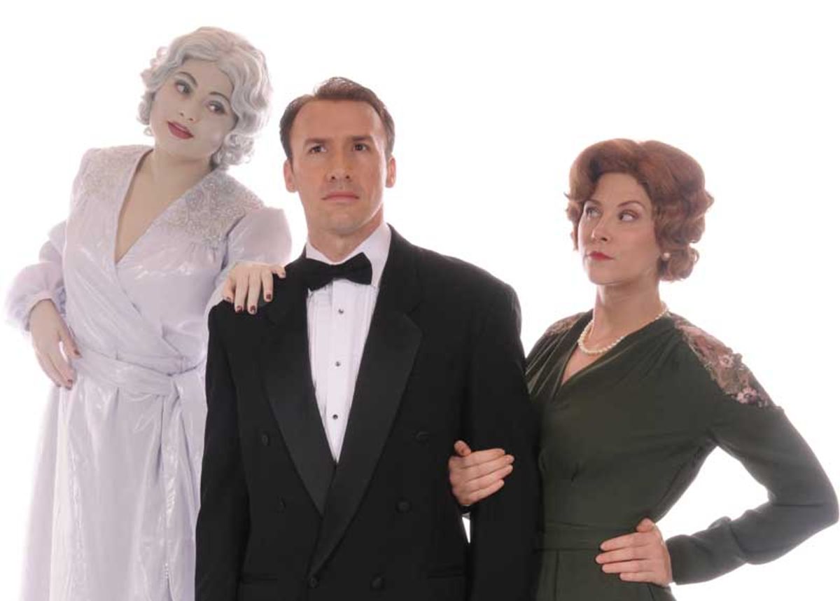 Left to Right: Elvira, the ghostly first wife (Jayna Sweet) with Charles (Murren Kennedy) her past husband and Ruth (Elizabeth Jackson) the current wife in the classic Noël Coward comedy, BLITHE SPIRIT at Lakewood Theatre Company, September 9 - October 16, 2022 in Lake Oswego, Oregon. Photo by Triumph Photography Left to Right: Elvira, the ghostly first wife (Jayna Sweet) with Charles (Murren Kennedy) her past husband and Ruth (Elizabeth Jackson) the current wife in the classic Noël Coward comedy, BLITHE SPIRIT at Lakewood Theatre Company, September 9 - October 16, 2022 in Lake Oswego, Oregon. Photo by Triumph Photography