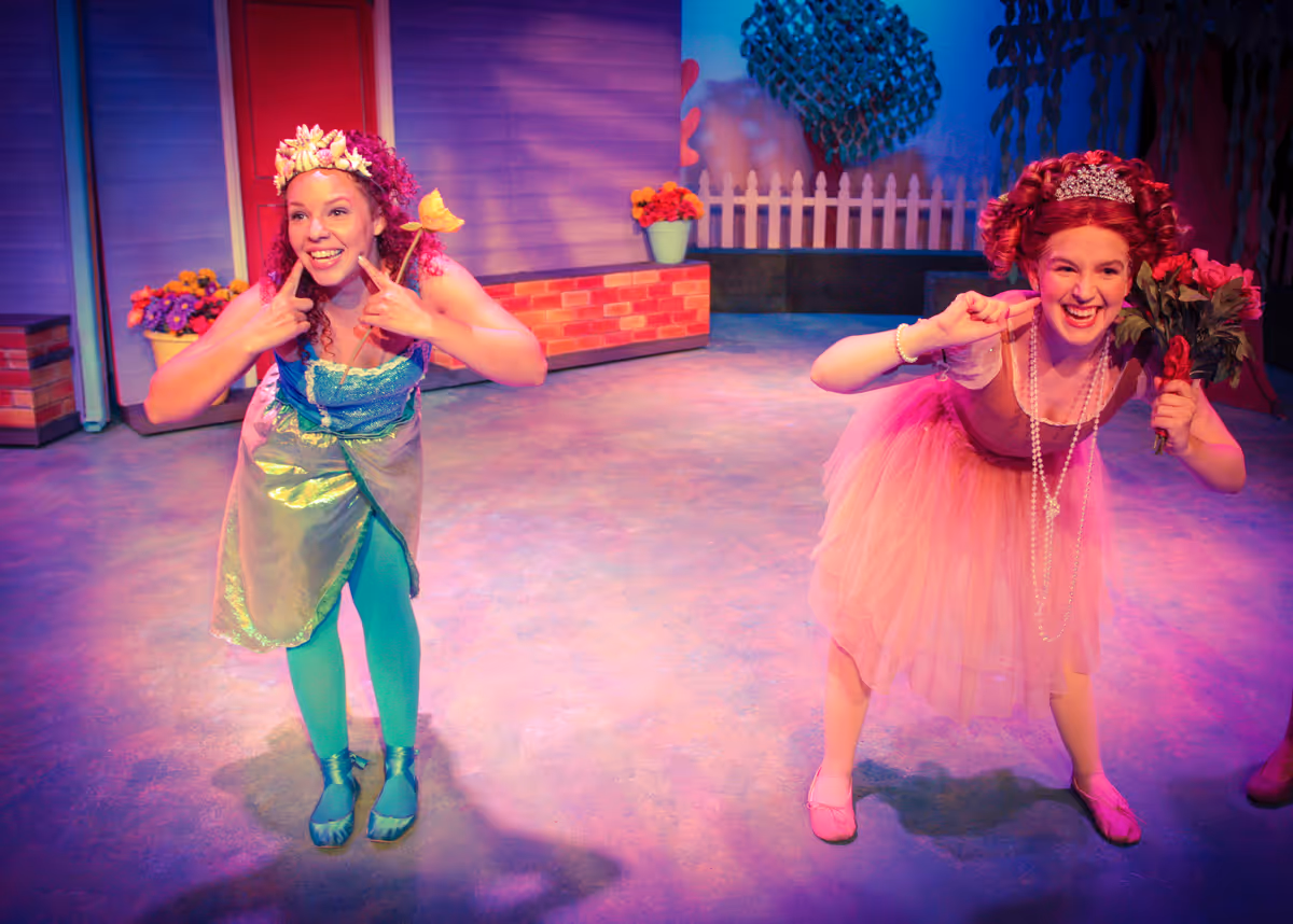 Liz B. Williams as Bree and Angela Griswold as Nancy in Chance Theater's TYA production of "Fancy Nancy, The Musical". Playing through June 19, 2022, this musical adaptation of the popular book series has book and lyrics by Susan DiLallo, music and lyrics by Danny Abosch, and is directed by Laura M. Hathaway and music directed by Robyn Manion. Photo by Doug Catiller. 