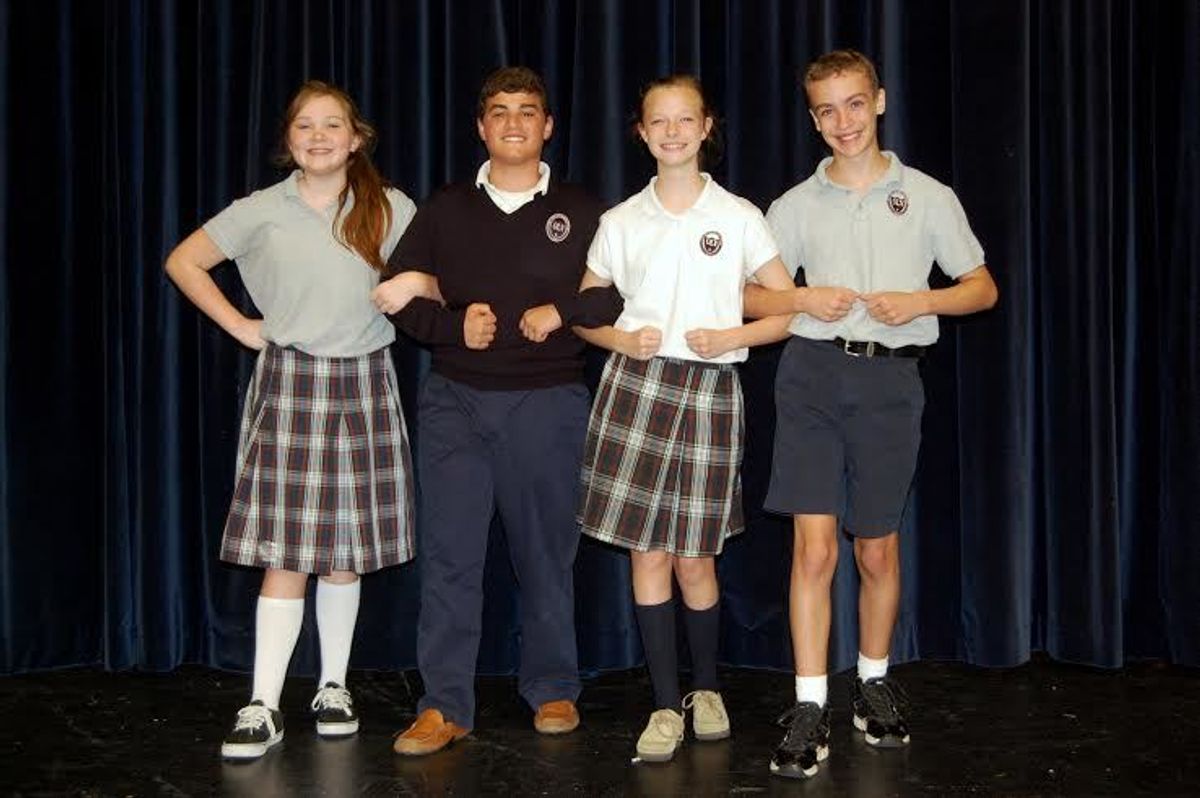 OLV students Olivia Fant, C. J. Romano, Cassie Ambrose, Chandler Norman in rehearsal.