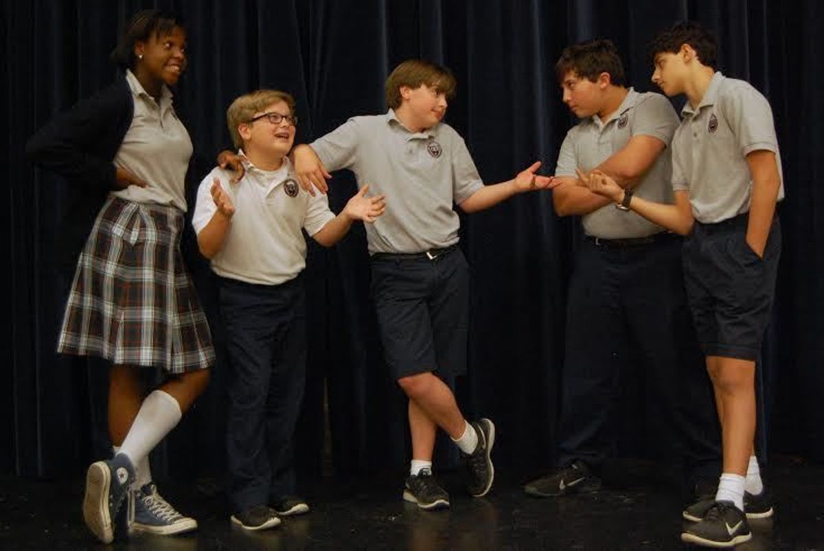 Our Lady of the Valley Catholic School students  Alecia Hobdy, Tanner Gray, Joseph Parrozzo, Jaxon Bast, and Justin Boackle rehearse a scene from Guys and Dolls, Jr. OLV will be presenting the production November 7-9, 2014.