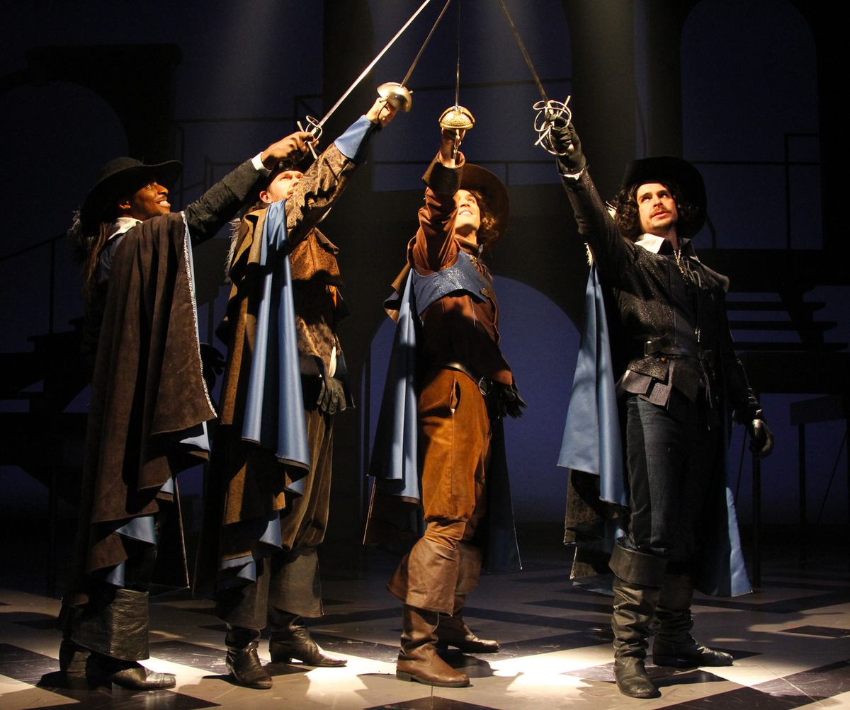 “All for One” L to R: Thomas Brazzle (Athos), Anthony J. Goes (Porthos), Will Haden (D’Artagnan) and James Jelkin (Aramis) star in The Three Musketeers at Connecticut Repertory Theatre from November 21 through December 8 in the Harriet S. Jorgensen Theatre, Storrs, CT. Photo by Gerry Goodstein. “All for One” L to R: Thomas Brazzle (Athos), Anthony J. Goes (Porthos), Will Haden (D’Artagnan) and James Jelkin (Aramis) star in The Three Musketeers at Connecticut Repertory Theatre from November 21 through December 8 in the Harriet S. Jorgensen Theatre, Storrs, CT. Photo by Gerry Goodstein.