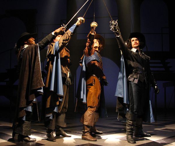 “All for One” L to R: Thomas Brazzle (Athos), Anthony J. Goes (Porthos), Will Haden (D’Artagnan) and James Jelkin (Aramis) star in The Three Musketeers at Connecticut Repertory Theatre from November 21 through December 8 in the Harriet S. Jorgensen Theatre, Storrs, CT.  Photo by Gerry Goodstein. 1