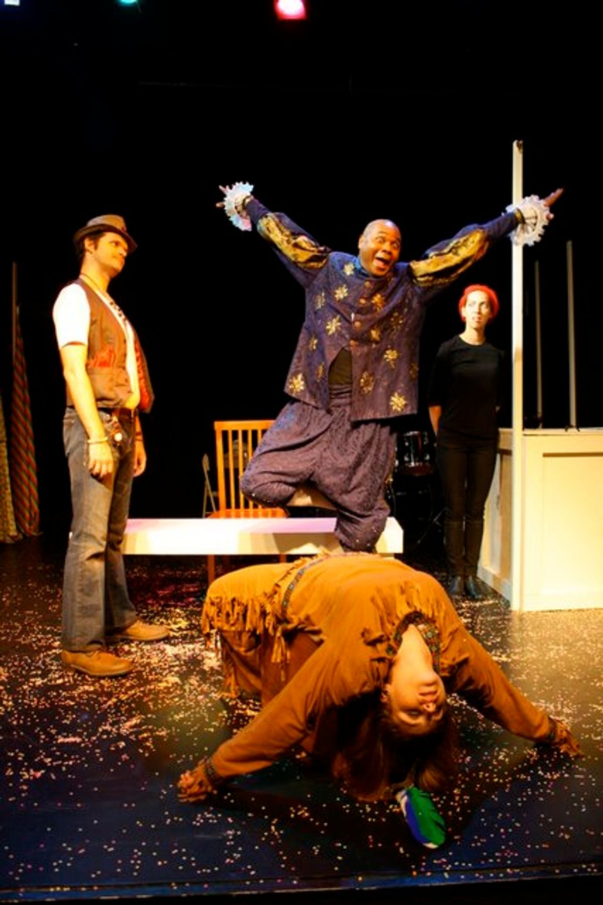 A HAPPY SHAKESPEAREAN PLAYER!: Christopher Karbo as El Gallo, Stacy Lynn Baker as Mortima, Darryl Maximilian Robinson as Henry Albertson and Setareh Khatibi as The Mute in the 2010 Tribe Productions 50th anniversary revival production of Tom Jones' and Harvey Schmidt's "The Fantasticks" presented as part of the first-ever Hollywood Fringe Festival at The Complex Theatre of Los Angeles. A HAPPY SHAKESPEAREAN PLAYER!: Christopher Karbo as El Gallo, Stacy Lynn Baker as Mortima, Darryl Maximilian Robinson as Henry Albertson and Setareh Khatibi as The Mute in the 2010 Tribe Productions 50th anniversary revival production of Tom Jones' and Harvey Schmidt's "The Fantasticks" presented as part of the first-ever Hollywood Fringe Festival at The Complex Theatre of Los Angeles.